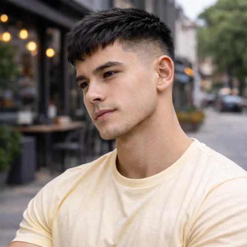 Asian man with short French crop haircut featuring straight textured top and faded sides wearing light yellow shirt