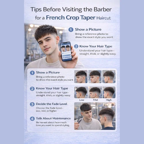 French crop taper haircut consultation showing reference photo, fade level choice and maintenance discussion