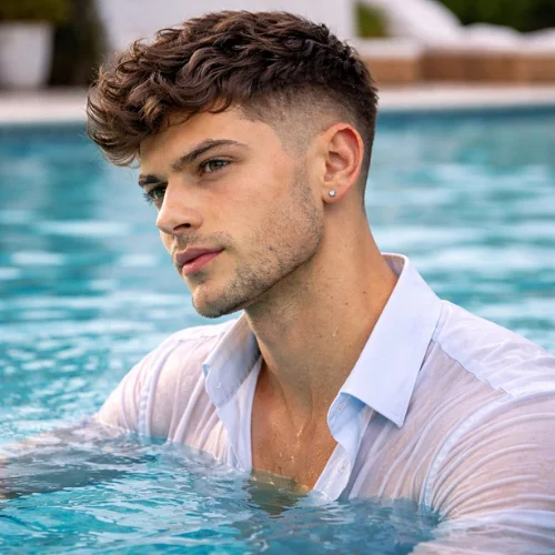 Low taper fade with wavy French crop haircut for men wearing white shirt in swimming pool clean professional hairstyle
