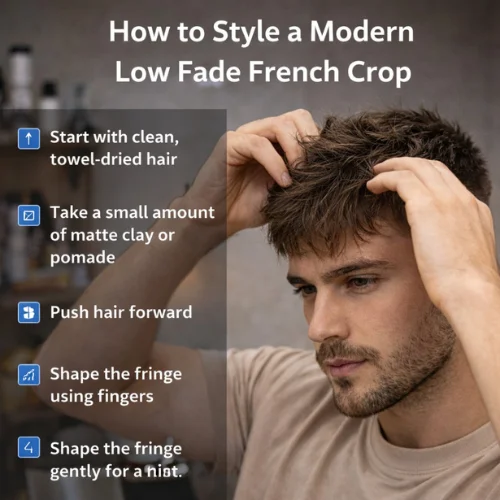 How to style a Modern Low Fade French Crop using matte clay to shape textured top and fringe
