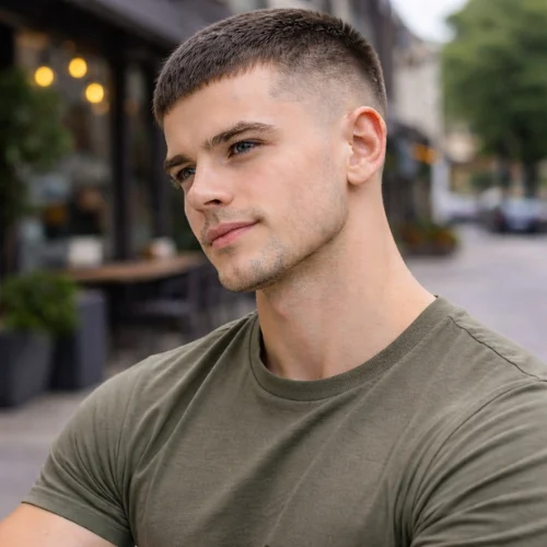 Man with short French crop buzz cut hairstyle featuring clean fade and low maintenance look