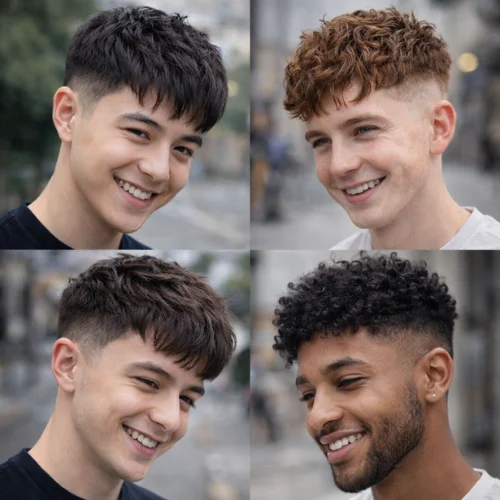 Collage of four young men with French crop fade haircuts, featuring straight, wavy, and curly hair types with low and mid fade variations in an urban background.