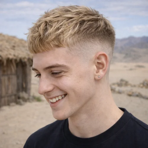 blonde French crop haircut with low skin fade, short textured fringe and clean sides, modern men’s hairstyle