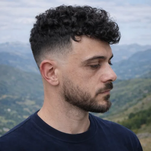 French crop curly hair with low fade and natural textured curls on top, modern men’s short haircut