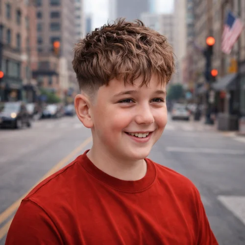 Smiling young boy with French crop fade haircut, textured top and low skin fade sides, wearing red t-shirt on city street background.