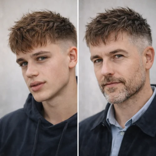 Side-by-side portrait of a young man and an older man with a French crop haircut featuring textured top and short faded sides, showing the hairstyle suits all ages.