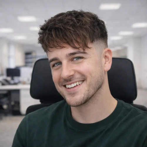 French Crop haircut on a smiling young man in an office, featuring a textured top with faded sides and a dark green t-shirt.