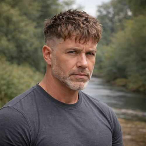 Handsome middle-aged man with French crop low fade haircut, textured choppy top and tapered faded sides, styled in a natural outdoor setting.