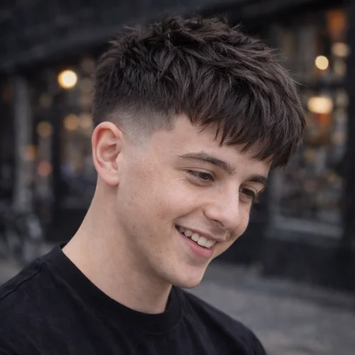 Young man with French crop low taper fade haircut, textured layered top and clean low taper sides, styled in a modern city street setting.