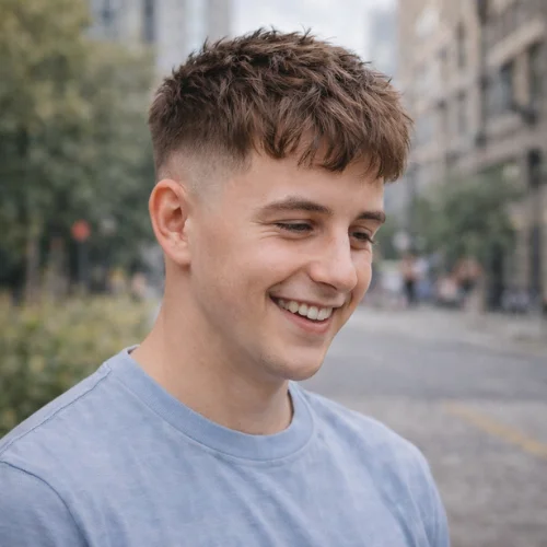 Young man with French crop mid fade haircut, textured tousled top and clean blended mid fade sides, smiling in an urban street background.
