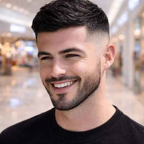 Smiling young man with French crop skin fade haircut, short textured top and sharp high skin fade with clean beard, modern men’s hairstyle in bright indoor mall background.