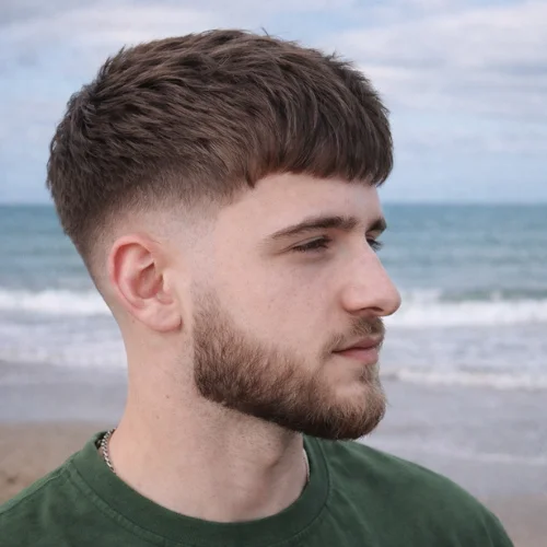 Messy French crop for straight hair with low skin fade and short blunt fringe, modern men’s haircut with beard