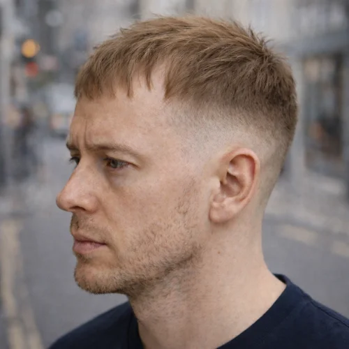 Messy French crop for thin hair with low fade and short textured fringe, clean modern men’s haircut