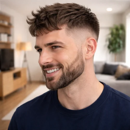 Textured French crop haircut with full beard and faded sides, stylish men’s short haircut