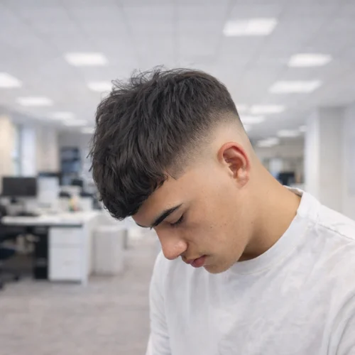 A young man with a messy French crop haircut and faded sides looking down, standing in a modern office setting.