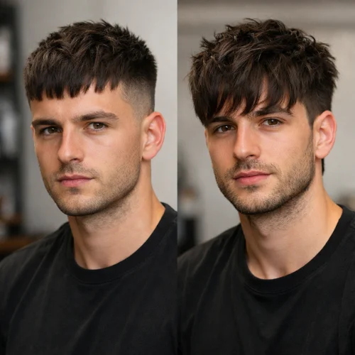 Short vs long French crop haircut comparison with textured top and faded sides, modern men’s hairstyle inspiration.