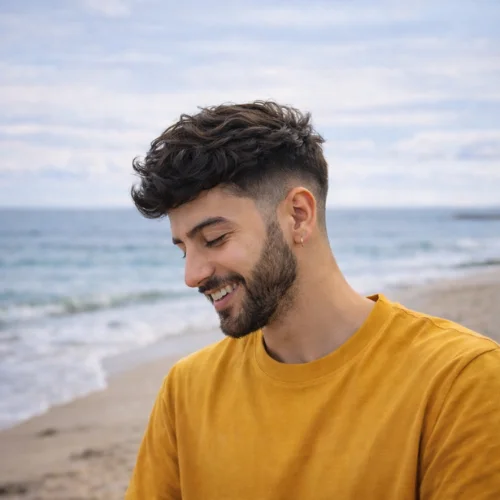 A smiling man with a French crop haircut and faded sides standing on a beach, wearing a mustard yellow shirt with the ocean in the background.