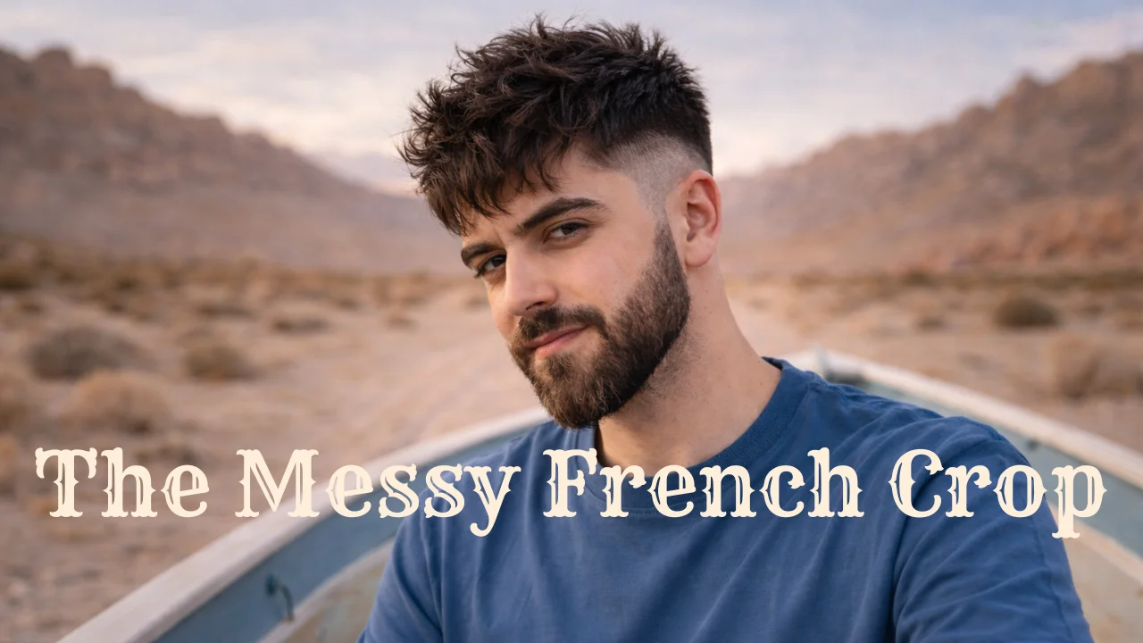Messy French Crop haircut with textured choppy top and low fade sides, modern men’s short hairstyle paired with a well-groomed beard for a stylish and trendy look.