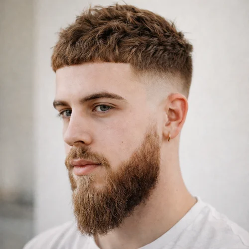 Messy French crop haircut with textured fringe and low fade, modern men’s hairstyle with full beard.