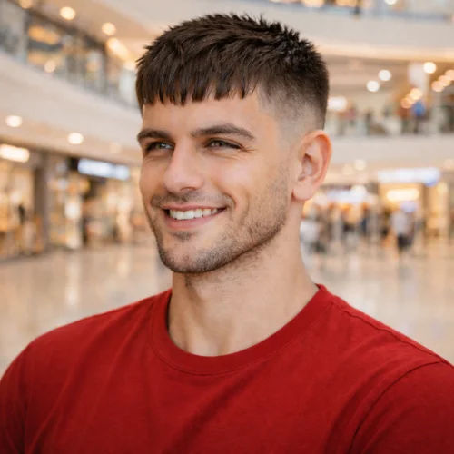 Mid Fade Fringe French Crop haircut with textured fringe and desert background