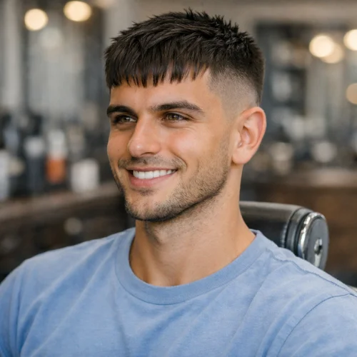 Fringe French Crop Mid Fade haircut with textured fringe and clean fade
