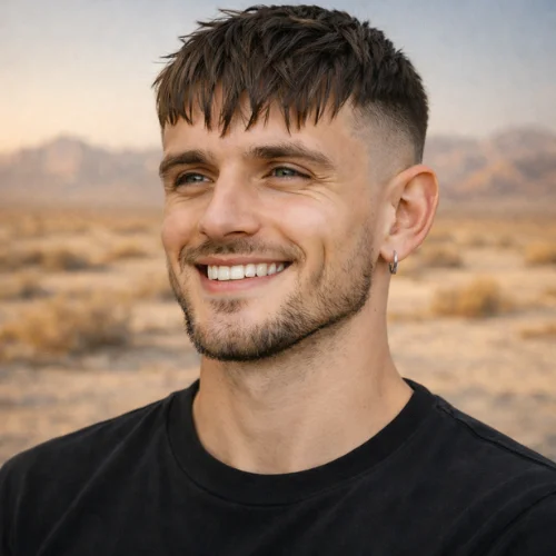 Fringe French Crop Low Fade haircut with textured fringe and desert background