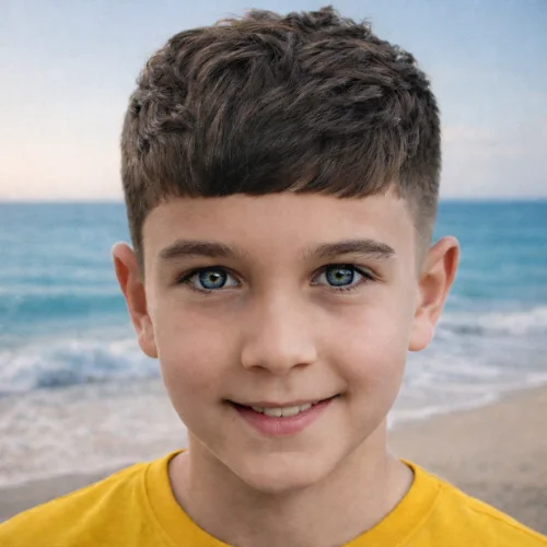 Low Fade Fringe French Crop haircut with yellow shirt and seashore background