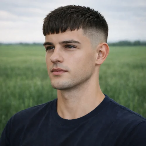 Caesar Cut Fringe French Crop Fade haircut with clean fade and green field background
