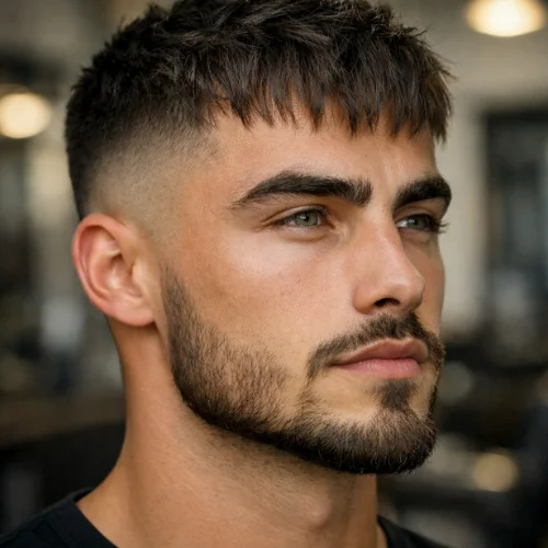 Textured fringe French crop fade haircut with mid fade and sharp line-up.