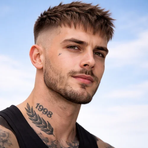 French crop skin fade with fringe and sharp fade sides.