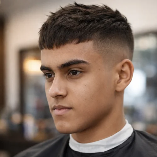 Short fringe French crop fade hairstyle for men with clean faded sides and textured top.