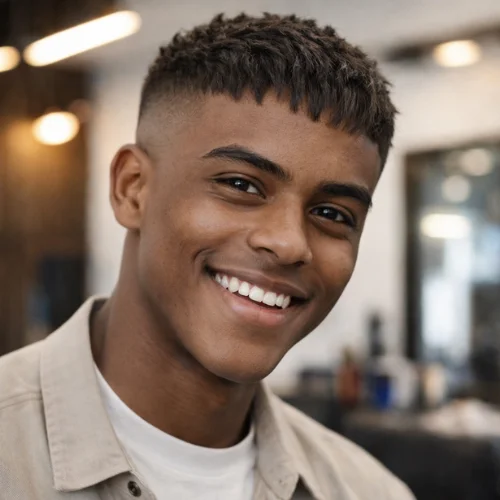 Smiling young Black man with fringe French crop fade haircut, sharp lineup, textured short top, and clean faded sides in a barbershop.