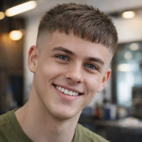 Smiling young man with straight hair wearing a fringe French crop fade haircut, clean faded sides, sharp lineup, and short textured top in a barbershop.