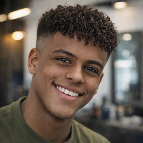Smiling man with curly fringe French crop fade haircut, defined curls on top, clean faded sides, sharp lineup, and modern barbershop style