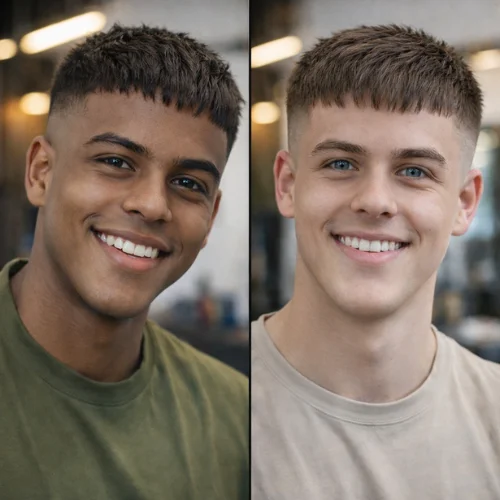 Side-by-side comparison of two men with fringe French crop fade haircuts, showing the style on round and square face shapes in a barbershop."