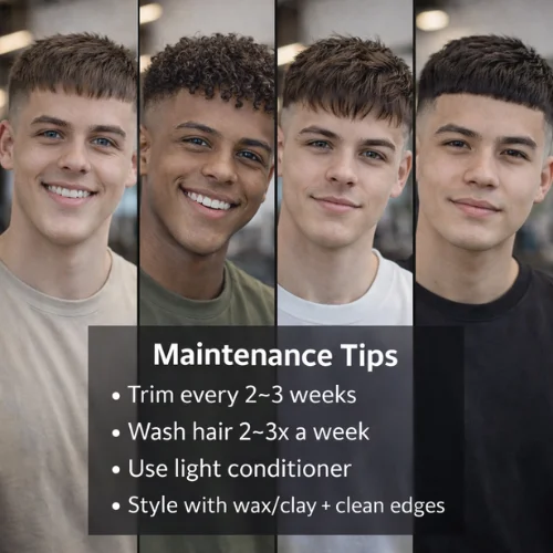 Square collage of four men with fringe French crop fade haircuts in a barbershop, showing different styles with a maintenance tips text overlay.