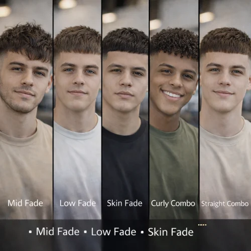 Square collage of five men showing fringe French crop fade combos, including mid fade, low fade, skin fade, curly combo, and straight combo hairstyles.