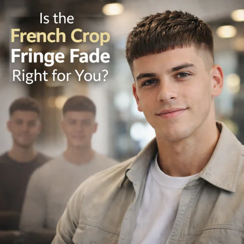"Hero image for men’s hairstyle blog showing a model with a French crop fringe fade haircut, sharp fade sides and forward fringe, with barbershop background and headline text.