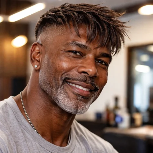Long hair fringe French crop fade haircut on an older Black man with a sharp fade and textured top.