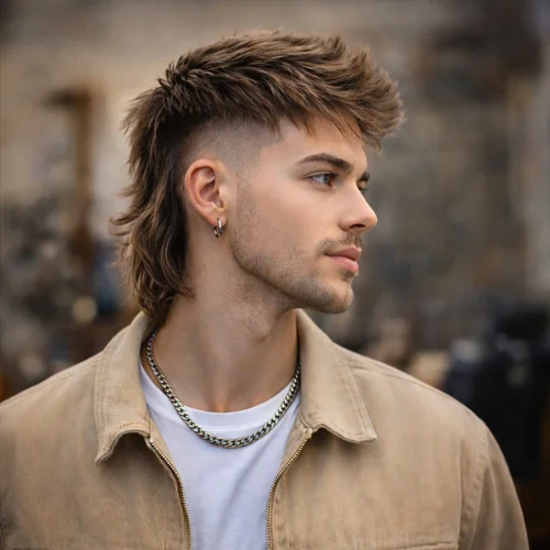 Young man with a French crop mullet haircut, showing a short, textured top and longer back, standing in a modern barbershop with a casual jacket.