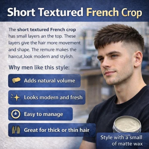 Man wearing short textured French crop haircut with added volume and modern fade in barber shop setting