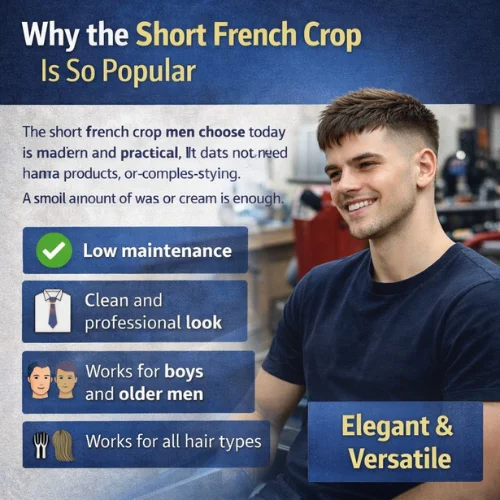 Short French crop haircut with fade styled on smiling young man in barber shop wearing navy blue shirt