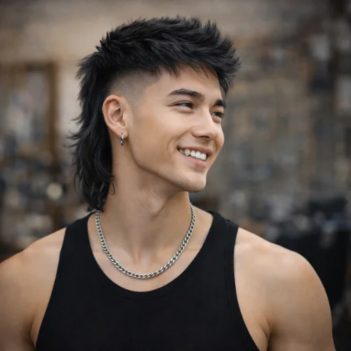 Smiling muscular East Asian man with a French crop mullet haircut, featuring a textured cropped top and longer back, wearing a black tank top.