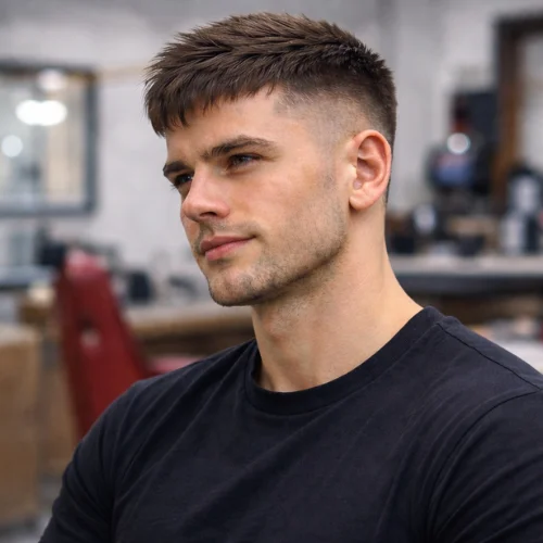 Senior man with short textured French crop fade and sharp side fade wearing plain black shirt in barber shop setting