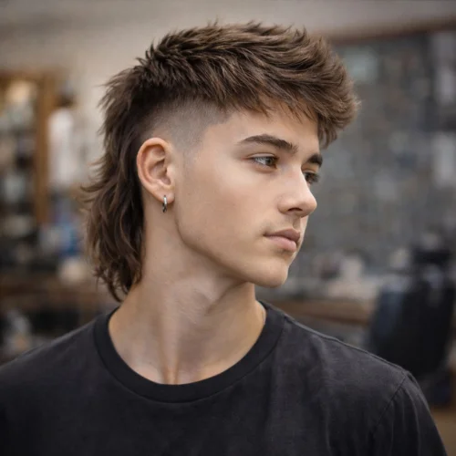 15-year-old boy with a French crop mullet fade haircut, featuring a sharp side fade, textured cropped top, and longer back in a modern barbershop.