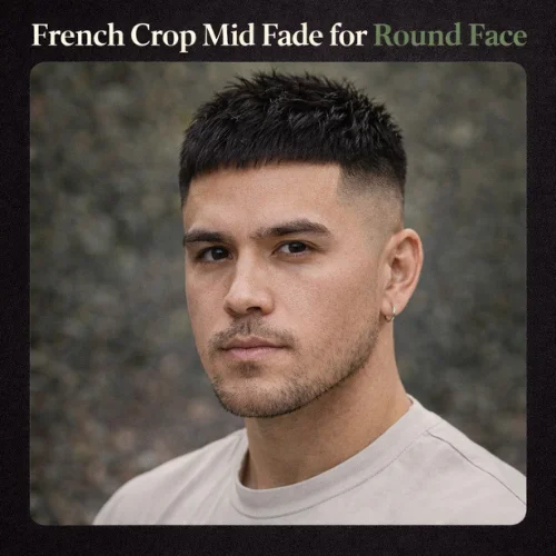 French crop mid fade for round face showing reduced side width and added top height for balanced defined mens hairstyle

