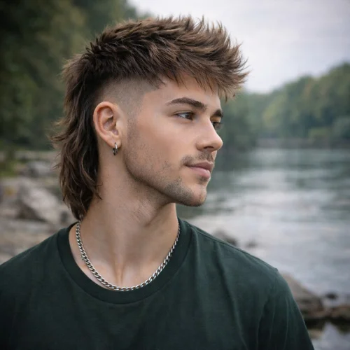 Older man with a textured French crop mullet haircut, featuring layered top and longer back, wearing a dark green shirt by a riverside.