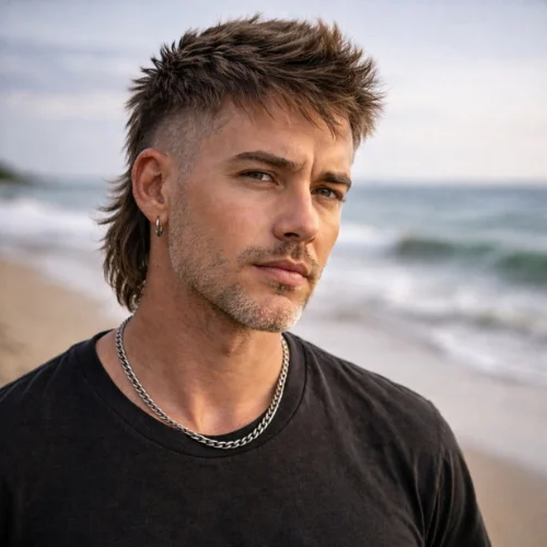 Very old American man with a short French crop mullet haircut, featuring a cropped top and shorter back, posing front-facing at the seashore.