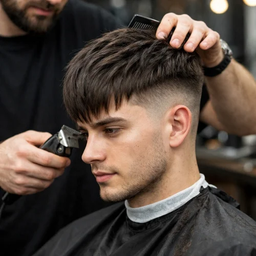 men styling long French crop with matte clay for texture