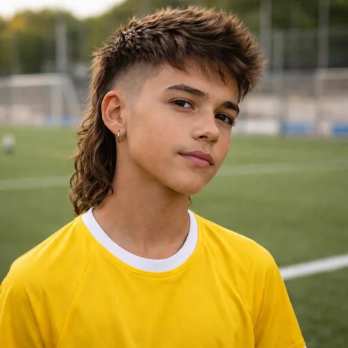 12-year-old Spanish boy with a Modern French Crop Mullet haircut, featuring tapered sides and textured top, wearing a yellow shirt on a football ground